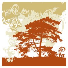 Silhouette of tree on grunge background and calligraphy flowers ornament N3