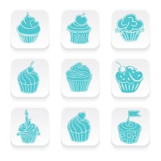 Set of Nine Cute Cupcake Icons On 3D Button
