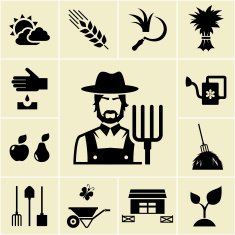 Farmer surrounded by farming themed icons