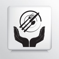 Square Icon With Two Hands Cupping a Plate and Silverware N2