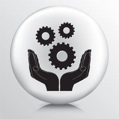 Round Icon With Two Hands Cupping Three Cog Gears Silhouette N2