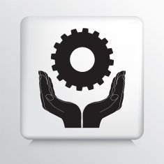 Square Icon With Two Hands Cupping a Cog Gear Silhouette N2