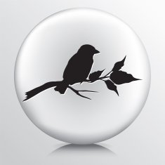 Round Icon with Sparrow Sitting on Branch Black Silhouette