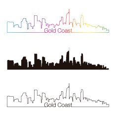 Gold Coast skyline linear style with rainbow