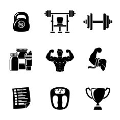 Set of Bodybuilding icons with - dumbbell weight bodybuilder scales