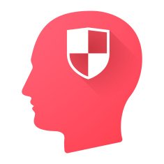 Male head icon with a shield
