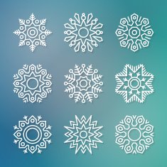 Christmas flat line vector snowflakes with shadows on blurred background