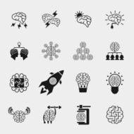 Brainstorming black icons set Creative brain idea concepts