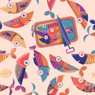 Can of sardines and multi-colored fishes Seamless background pattern