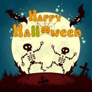 Halloween poster design with full moon and cute dancing skeletons