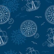 Seamless background with compass ship and gulls