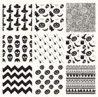 Vector Black Sketched Doodle Halloween Patterns Set