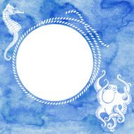 Nautical card with round frame marine rope octopus and seahorse