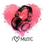 Music background with splash watercolor heart and sketch headpho N2