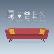 Red sofa in flat design with service icons set Vector N2