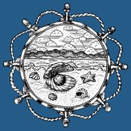 Sea landscape in ship wheel