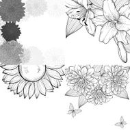 set of black and white background frame flowers