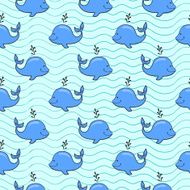 Seamless pattern with whale on blue ocean background N2