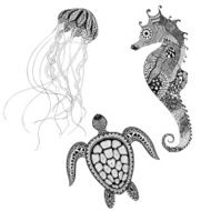 Zentangle stylized black turtle sea horse and jellyfish Hand D N2