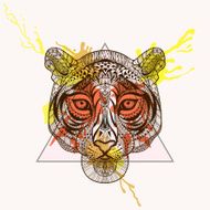 Zentangle stylized Tiger face in triangle frame with watercolor N2