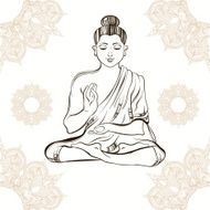 Hand drawn Buddha in meditation on vintage ornamental background N2