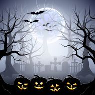 Halloween graveyard and pumpkins in foggy forest
