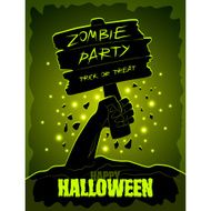 Halloween poster zombies hand and wooden sign