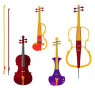 Set of different violins and cello with bows on white