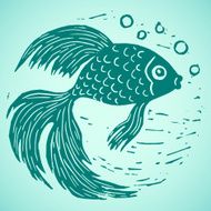 Blue linocut goldfish in a circle