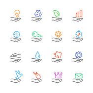Hand and object concept vector icons set in line style