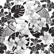 Toucans with tropical floral Monochrome seamless pattern vector illustration N2