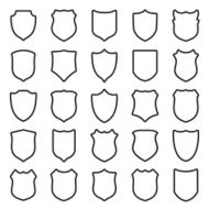 Large set of contour black shields isolated on white background