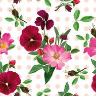 seamless pattern bouquet of pink roses and purple pansy