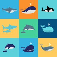 Vector set of whale dolphin and shark icons