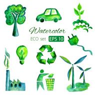 Set of eco green watercolor vector icons