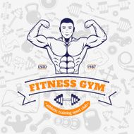 Fitness Gym Label Template Over Icons Seamless Pattern