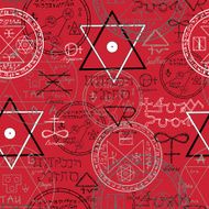 Seamless background with mystic symbols on red