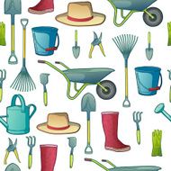 Color pattern with garden tools Instruments hat wheelbarrow gloves vector
