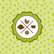 tea icons set with lemon seamless pattern on green background