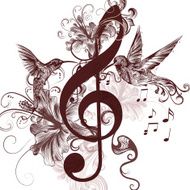 Music background with treble clef and hummingbirds for design