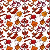 Seamless texture of colorful birds flowers and insects N2