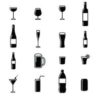 Set Of Sixteen Drinks Black &amp; White Silhouette Vector Illustrations