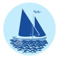Fishery symbol with fishing boat and fish catch