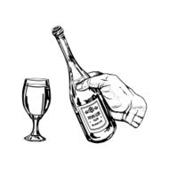 bottle of wine in hand and glass