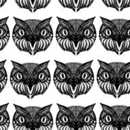 Owl head Doodle hand drawn Seamless patern black white background N2
