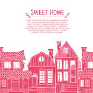 Template greeting card with frame of pink silhouettes houses N2