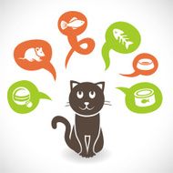 Vector funny cartoon cat and his thoughts about food