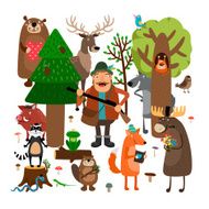 Forest animals and hunter Vector illustration