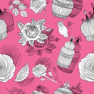Seamless background with roses and cages on pink N2