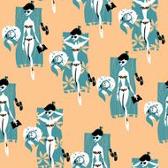 Girls sunbathing on a beach Retro style Seamless background pattern N2